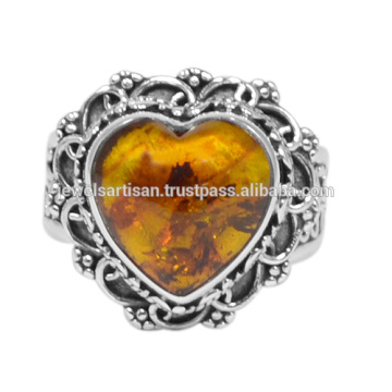 Corazón Amber Gemstone con Anillo Filigrana de Plata de Ley 925 para Bodas y Aniversario